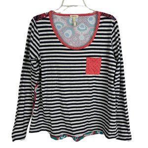 Matilda Jane knit stripe floral top tee Sz M black pink long sleeve t-shirt